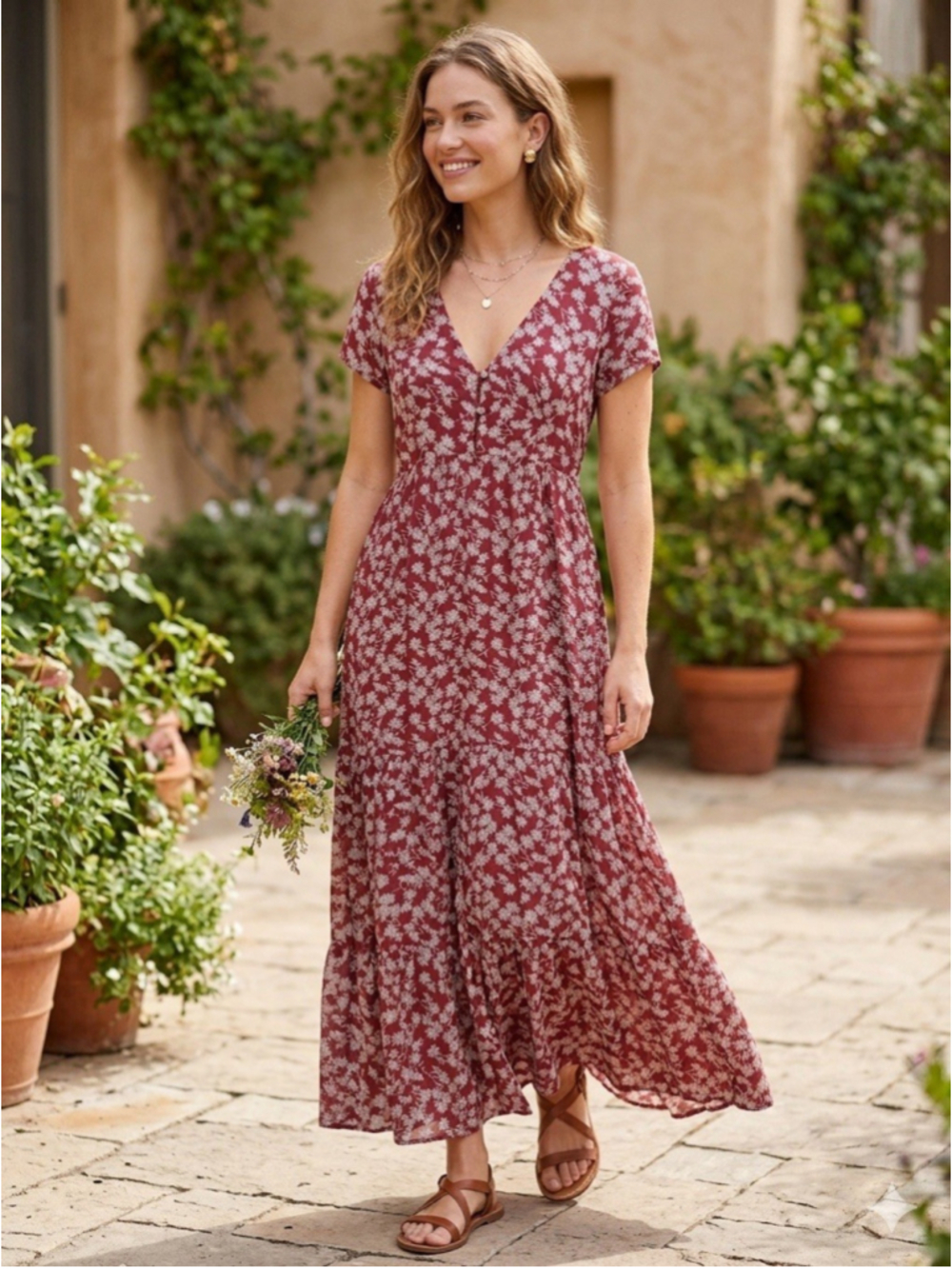 Natural Life Maxi Dress Sz Lg Red Floral Boho Cottagecore Festival Short Sleeve - Picture 2 of 8